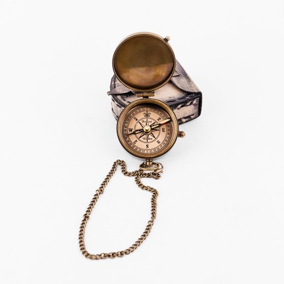 Brass Working Compass With Leather Cover Nautical Gift for Men, Adventure Travel - Picture 2 of 8